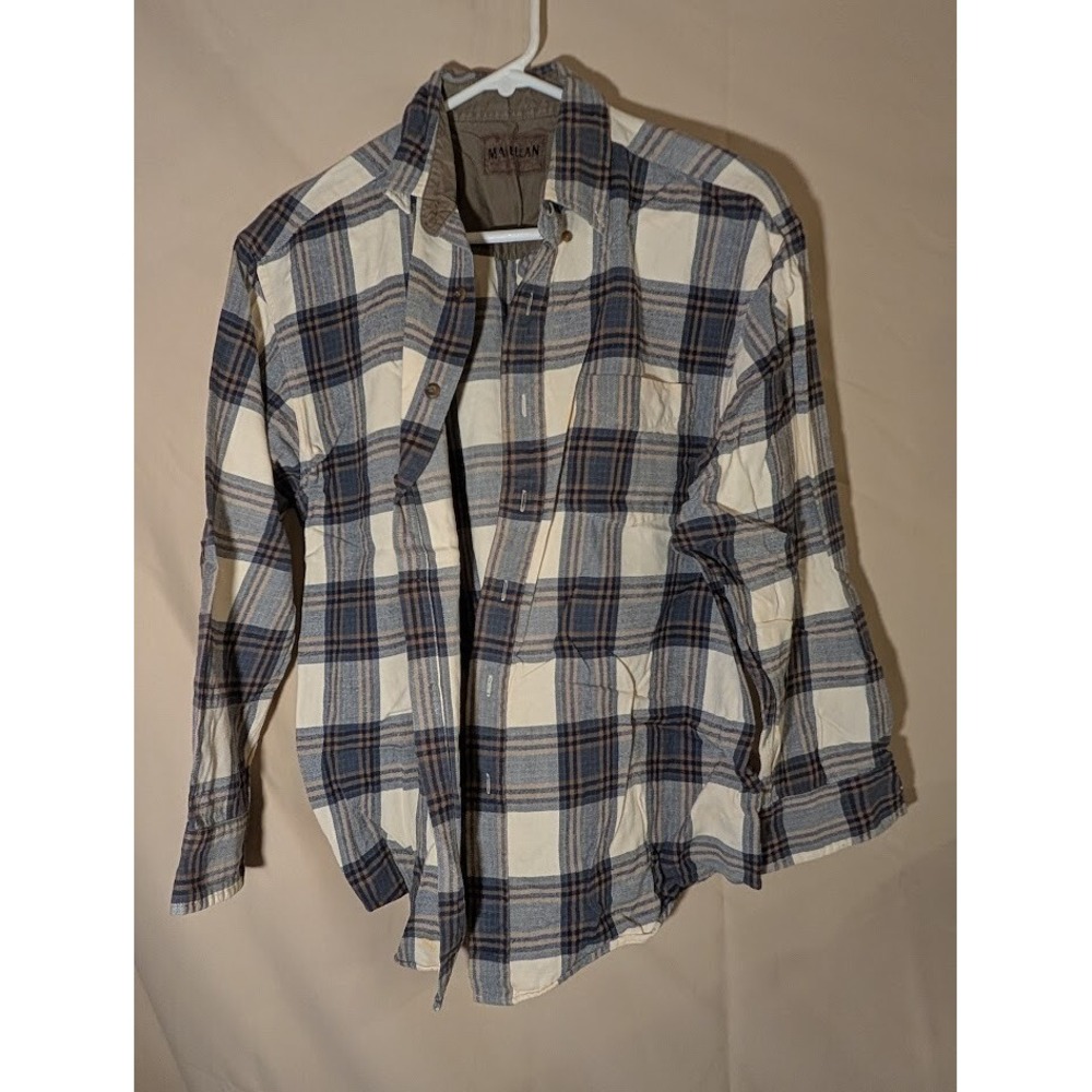 Magellan Sportswear Flannel Shirt Men's L Plaid Blue Beige Cotton Long Sleeve - Picture 1 of 5